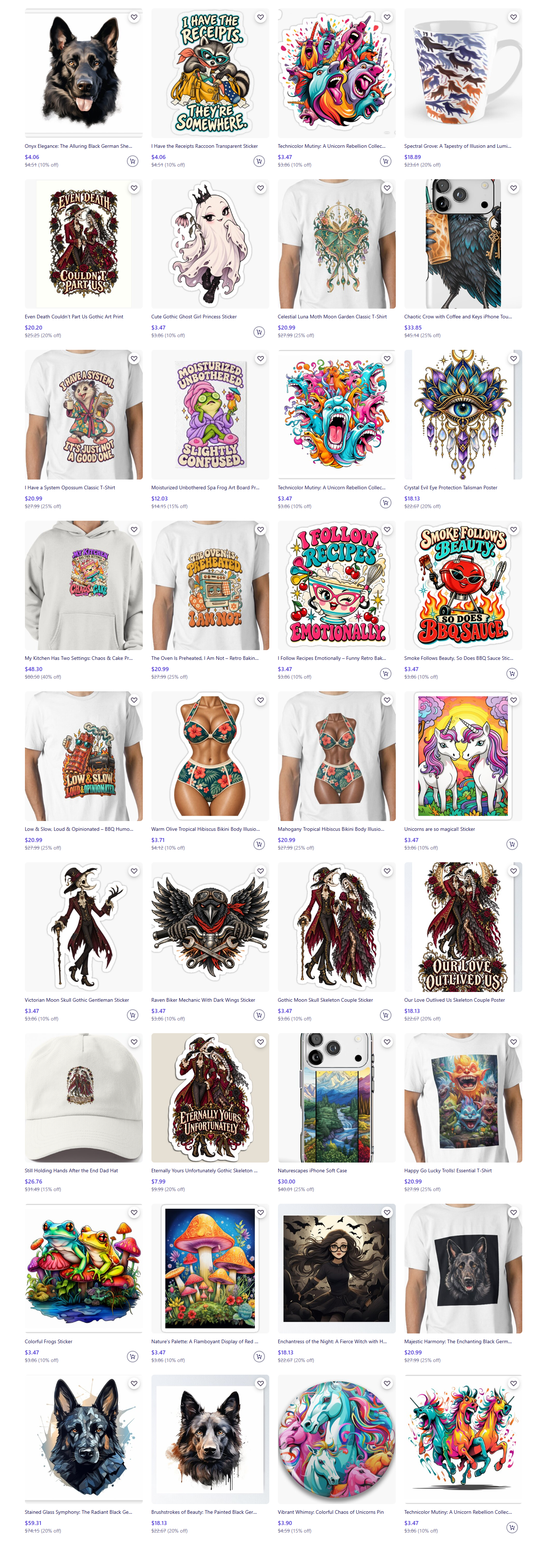 Preview grid of products available in the Beautifully Unhinged Redbubble shop